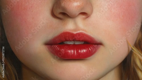 Close-up, woman's red lips, beauty shot, soft focus background, makeup advert