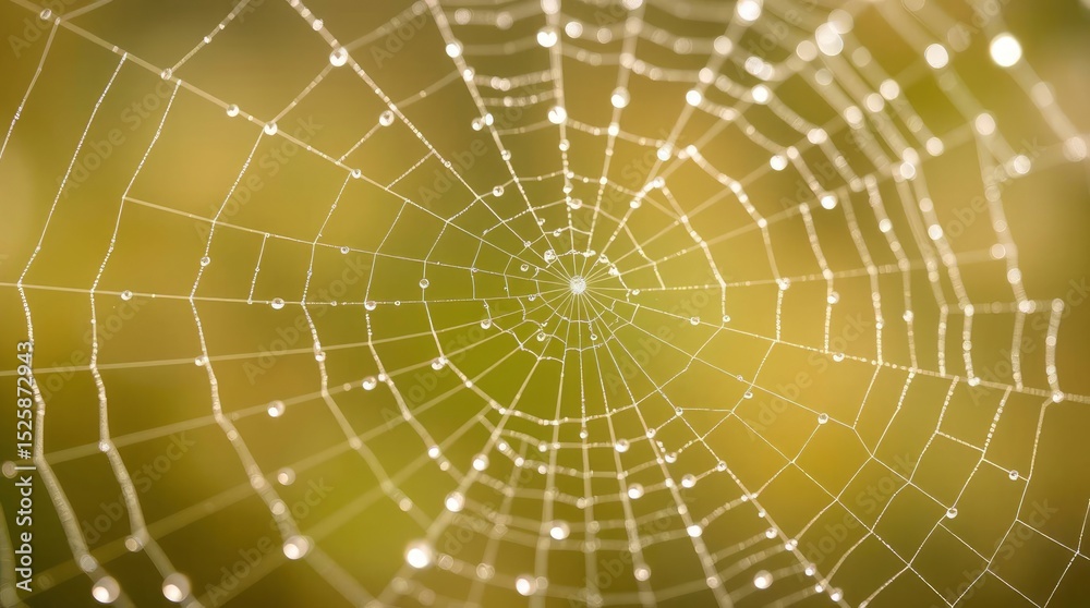 Fototapeta premium A spiderweb covered in dewdrops backlit by a soft blurred green background