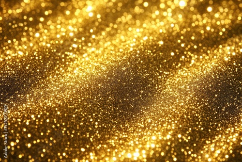 Close-up view of sparkling golden glitter particles creating a shimmering, luxurious, and festive texture