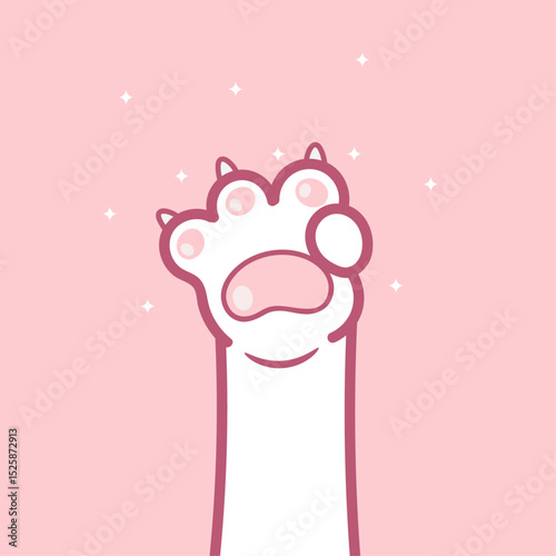 Cute kawaii cartoon soft cat paw vector illustration on pastel pink background with sparkles. Fluffy cat paw. Hand drawn doodle illustration template