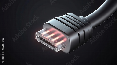 A close-up of a USB cable connector with glowing internal contacts against a dark background.