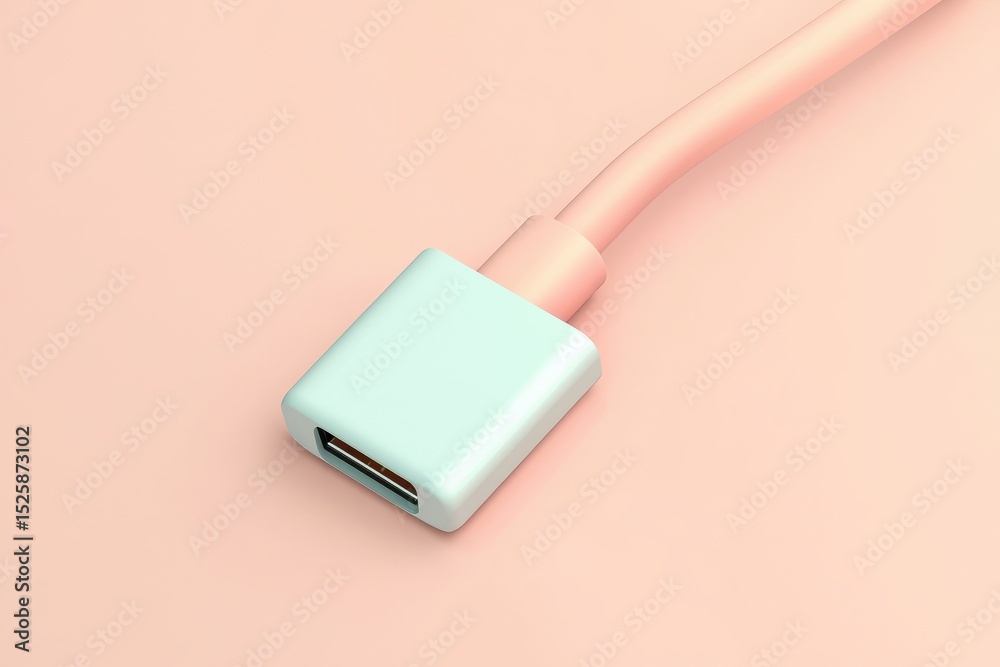 Fototapeta premium Light pink and mint green cable adapter on a pastel peach background, shown in minimalistic style.