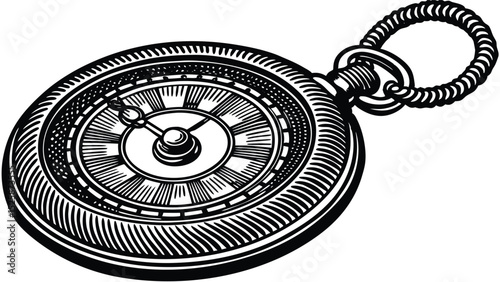 Pocket Watch Engraved Line Art – Black and White Outline Close-Up in Vintage Etching Style