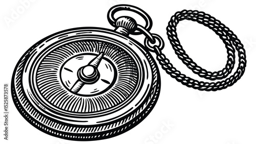 Pocket Watch Engraved Line Art – Black and White Outline Close-Up in Vintage Etching Style