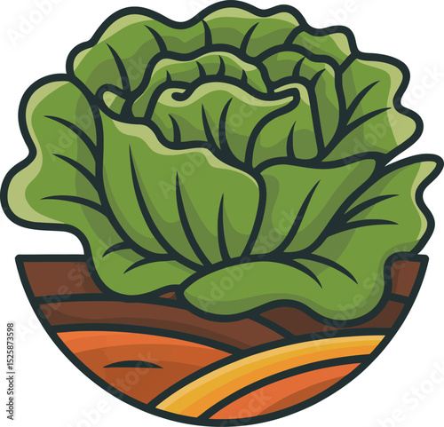 A vibrant illustration of a fresh lettuce head growing in rich soil, perfect for farm-to-table concepts and healthy eating promotions.