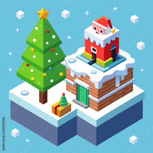 isometric-vector-of-santa-and-tree-on-snowy-rooftop
