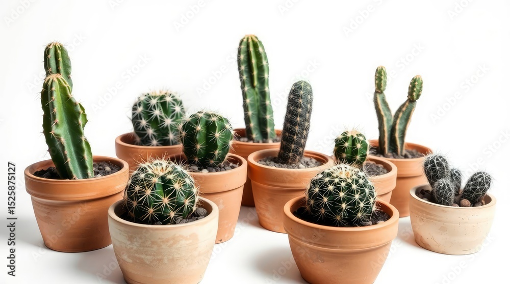 Fototapeta premium Collection of various small cacti in terracotta pots isolated on a white background