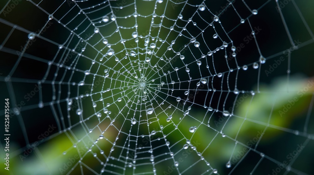 Naklejka premium Dewcovered spiderweb gleams against a dark blurred backdrop showcasing intricate lines