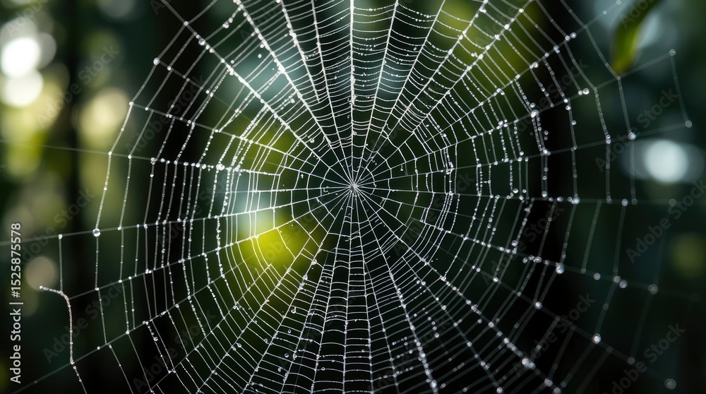 Naklejka premium Dewcovered spiderweb against a blurred green backdrop