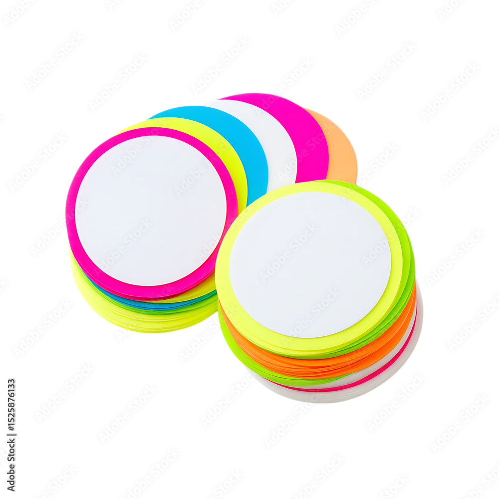 Obraz premium Colorful neon round paper stickers isolated on transparent background
