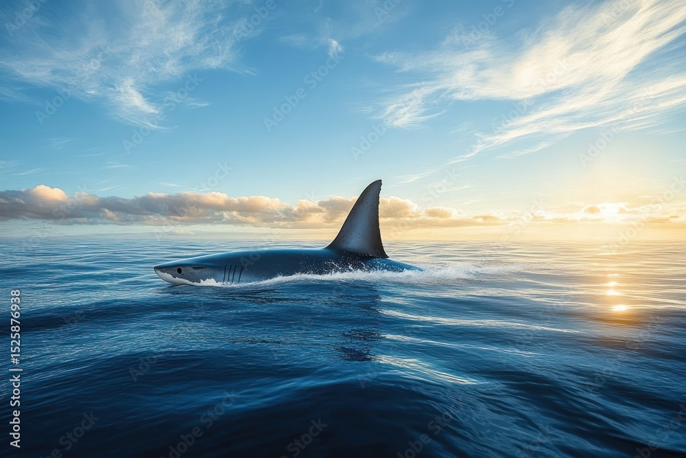 Fototapeta premium A great white shark swimming in the ocean near the surface under a bright sky with scattered clouds at sunset