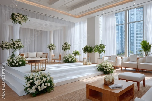 Bridal dais decorated with white roses and golden drapes