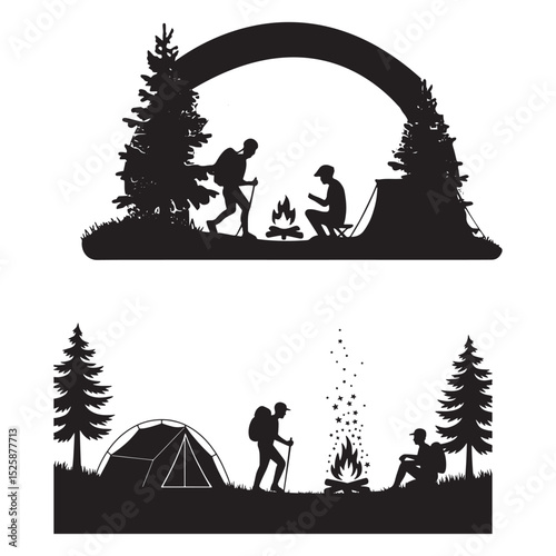 silhouettes of people camping and hiking in forest setting with tents bonfire trees and night sky background ideal for travel outdoor adventure family vacation and camping lifestyle themes