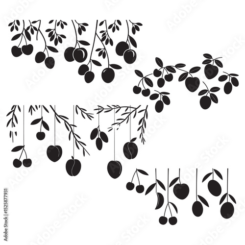 black silhouettes of various hanging fruits and branches with leaves ideal for organic themes gardening decoration nature background or botanical elements for healthy lifestyle visuals