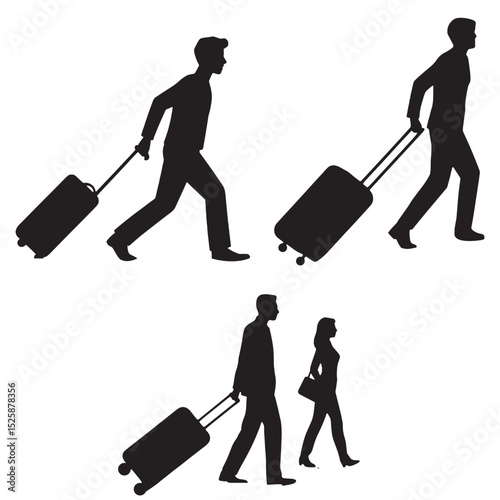 silhouettes of travelers walking with luggage in different directions representing airport scene vacation journey business trip and travel lifestyle in motion