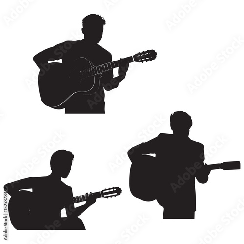 silhouettes of people playing guitar in different poses expressing musical passion creativity and performance with acoustic instrument in simple black design