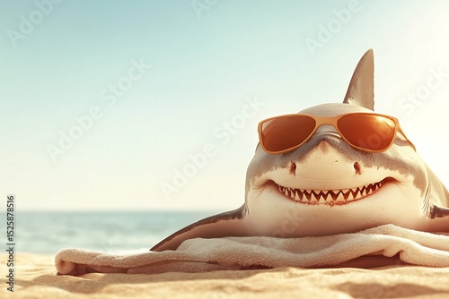 shark sunbathing on a beach laying on a towel wearing sunglasses