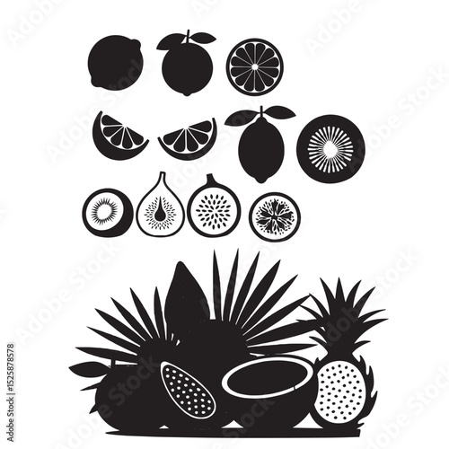collection of tropical fruits in black silhouette style including kiwi fig orange lemon and exotic leaves ideal for food design nutrition themes and summer fruit decoration use