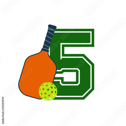 Pickleball paddle and ball with number five, Illustration of a bright orange pickleball paddle and green ball placed in front of a bold green number five, symbolizing sport ranking.

