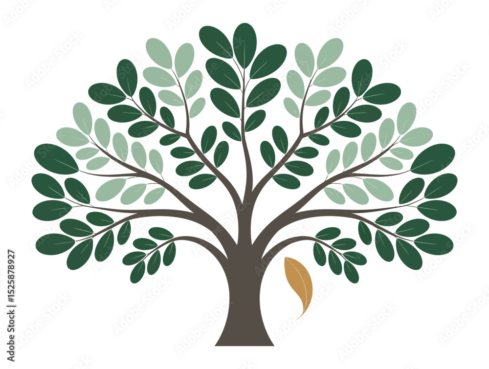 Obraz premium Thriving tree of life illustration with lush green leaves and branching limbs, symbolizing nature’s growth, life energy, and ecological harmony