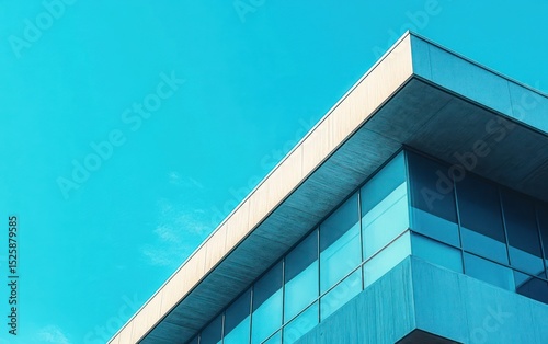 Modern building corner with large reflective glass windows under a clear blue sky, showcasing minimalist architectural design and clean lines