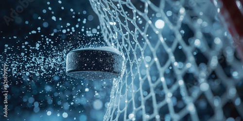 Hockey puck hitting goal net in dramatic slow motion, frozen splash of ice particles, macro close up, powerful scoring sports action moment captured mid-air with cinematic lighting, dynamic vibe