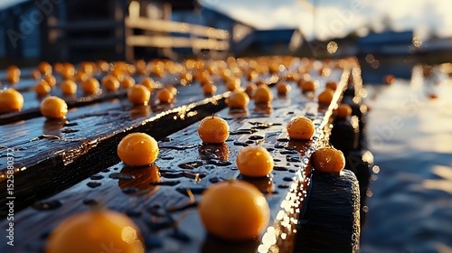 close-up of freshly washed carrots drying under sunlight on old wooden table beside a field, droplets of water on skin, rustic surface texture, bright tones and vivid orange