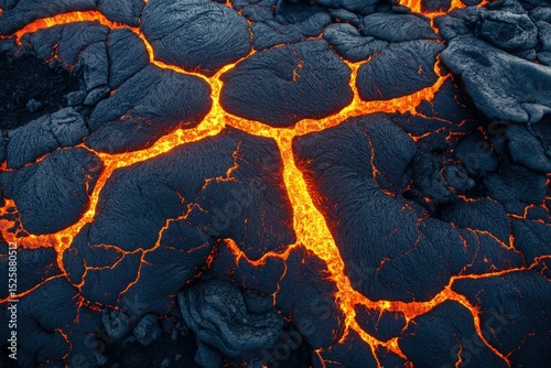  molten lava cracks glowing intensely, showing the raw power of the earth  photo