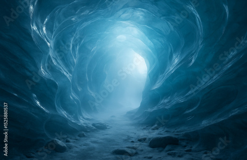 Stunning ice cave interior reveals mesmerizing blue hues and natural formations in a remote location