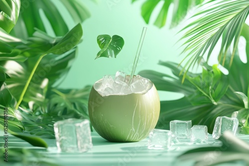 A chilled coconut with a straw, surrounded by ice cubes and tropical leaves, perfect for a summer