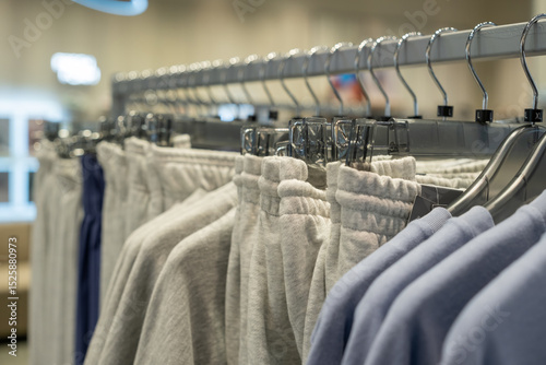 Close-up of soft jogger pants and casual tops on plastic hangers in a trendy fashion store. Cozy fleece material, organized retail display, neutral color tones, stylish and minimal