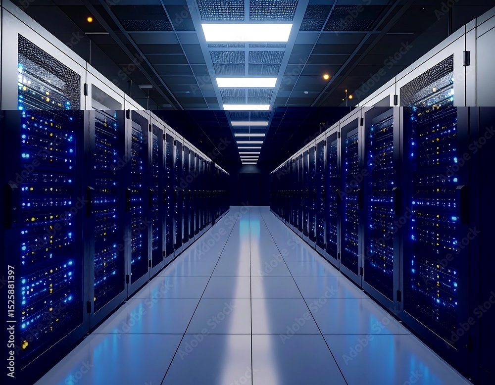 Fototapeta premium Server room interior, illuminated by lights