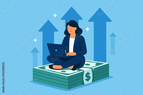 Increase income or salary raise, growing investment, wealth or saving profit, revenue rising, improvement or accumulate wealth concept, woman working with computer on banknote money growing graph.