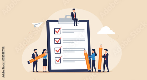 Checklist to complete project task, accomplish work checkmark, todo list clipboard or project status report, plan to finish work concept, business people holding pencil complete task checkbox.