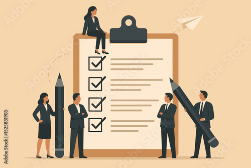 Checklist to complete project task, accomplish work checkmark, todo list clipboard or project status report, plan to finish work concept, business people holding pencil complete task checkbox.