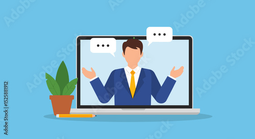 Online video interview, meeting discussion or teaching e-learning, job interview or employment, talk or chat with colleague, conference call, businessman talking on computer laptop online interview. 
