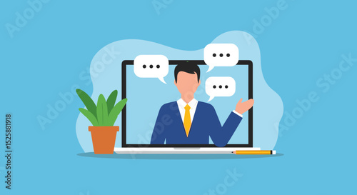 Online video interview, meeting discussion or teaching e-learning, job interview or employment, talk or chat with colleague, conference call, businessman talking on computer laptop online interview. 