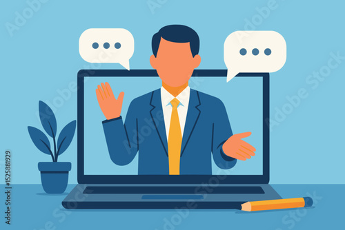 Online video interview, meeting discussion or teaching e-learning, job interview or employment, talk or chat with colleague, conference call, businessman talking on computer laptop online interview. 