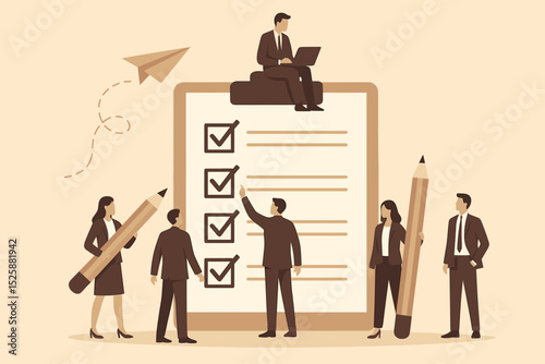 Checklist to complete project task, accomplish work checkmark, todo list clipboard or project status report, plan to finish work concept, business people holding pencil complete task checkbox.