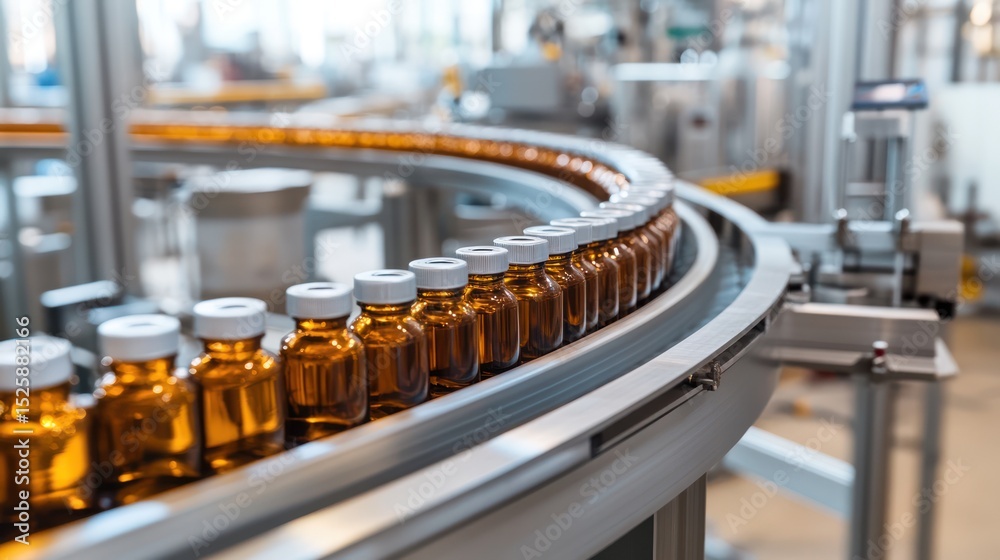 Naklejka premium Amber vials moving on factory conveyor belt