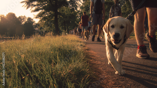A cheerful dog walking happily on a sunny path.