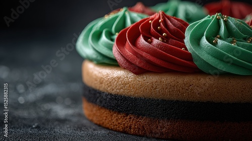A festive cake with green and red frosting swirls, featuring a chocolate layer and a soft, spongy base on a dark background.