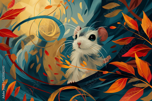 Whimsical Mouse Illustration: A cute mouse surrounded by autumn leaves in an artistic digital design.
