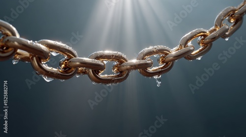 A close-up of a wet metal chain with glistening water droplets, illuminated by dramatic overhead light.