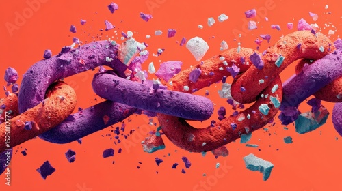 A vibrant, colorful chain dramatically breaks apart, scattering fragments against a bold orange background.