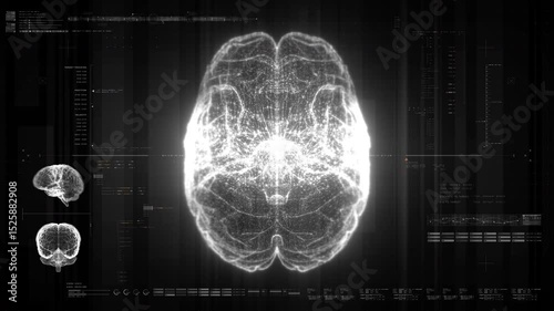 Futuristic biomedical concept featuring advanced holographic scanning technology performing detailed brain neuron pathology and diagnostic analysis. High-tech medical visualizing neural network