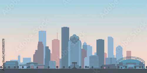 Stylized vector illustration of the Houston skyline with simplified building silhouettes, flat design style, and solid bold colors