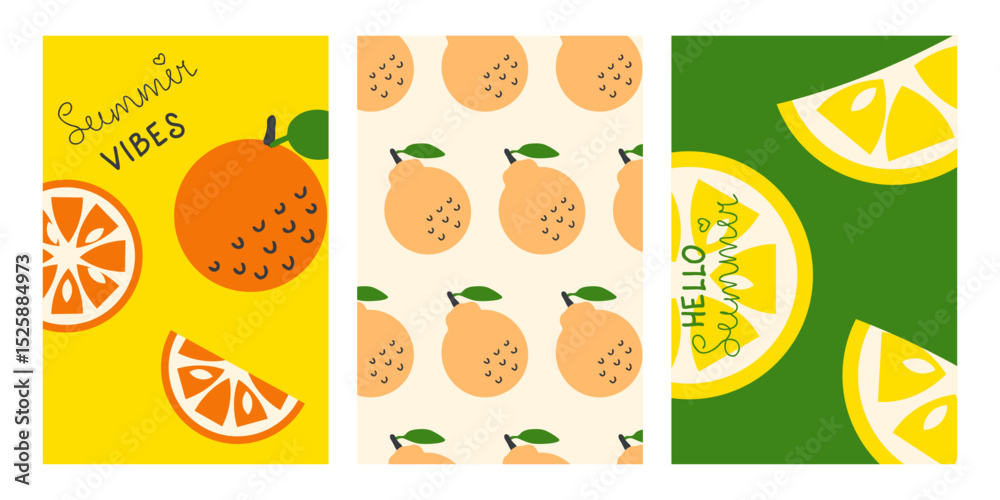 Summer citrus fruits vector vertical posters set. Perfect background template for banner, card, label, sale. Hand drawn illustration. Summer citrus fruits vector vertical posters set. Perfect background template for banner, card, label, sale. Hand drawn illustration.