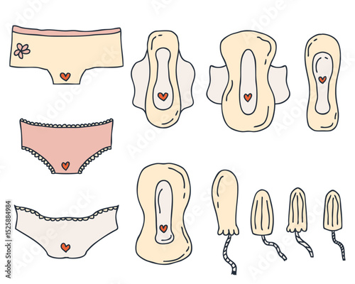 Female menstruation period doodle set graphic elements. Intimate hygiene protection collection. Hand drawn vector illustration.