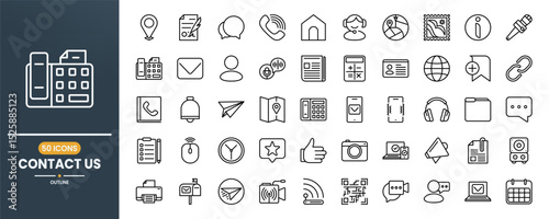 Contact us vector line icon set. Contains linear outline icons like Telephone, Mail, Support, Computer, Location, Chat, Fax, Message, Home, Phone, Agenda, Gallery. Editable use and stroke.
